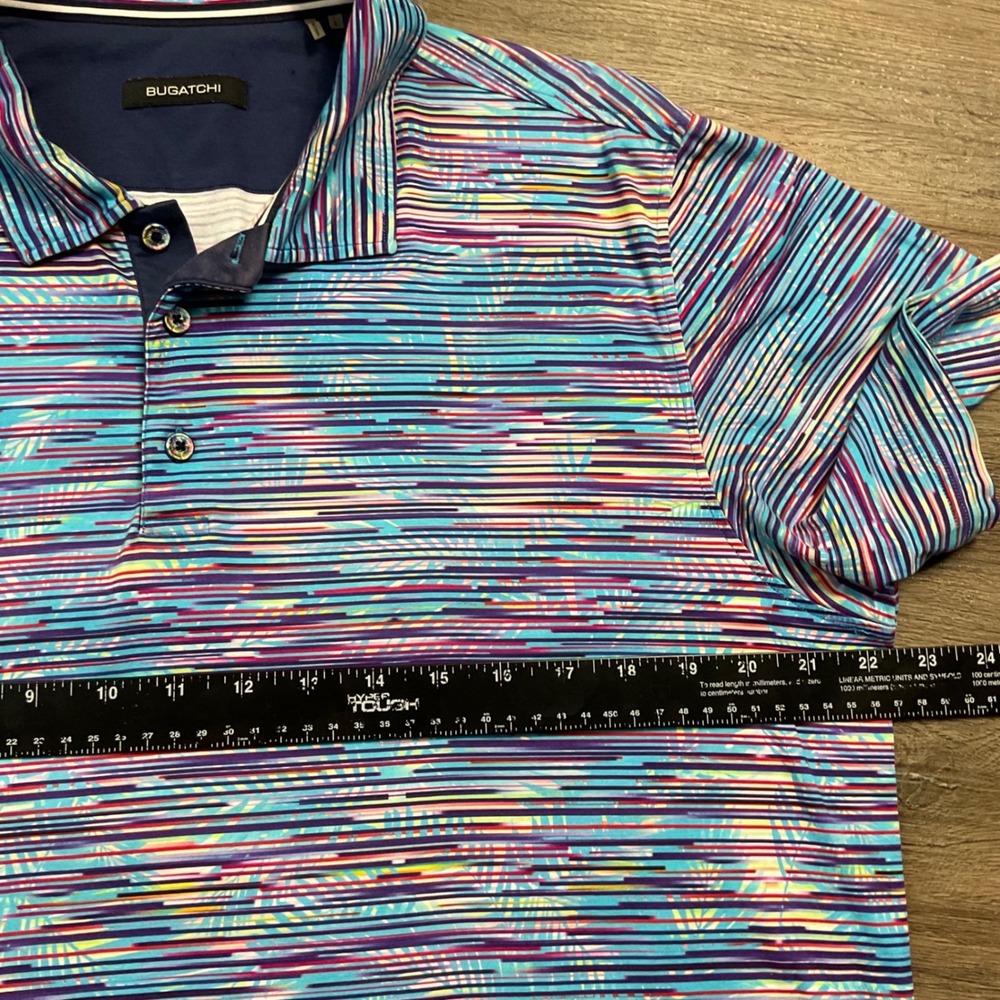 BUGATCHI Geometric Print Classic Golf Polo Shirt Mens Large‎ Blue Purple Yellow - Picture 7 of 8